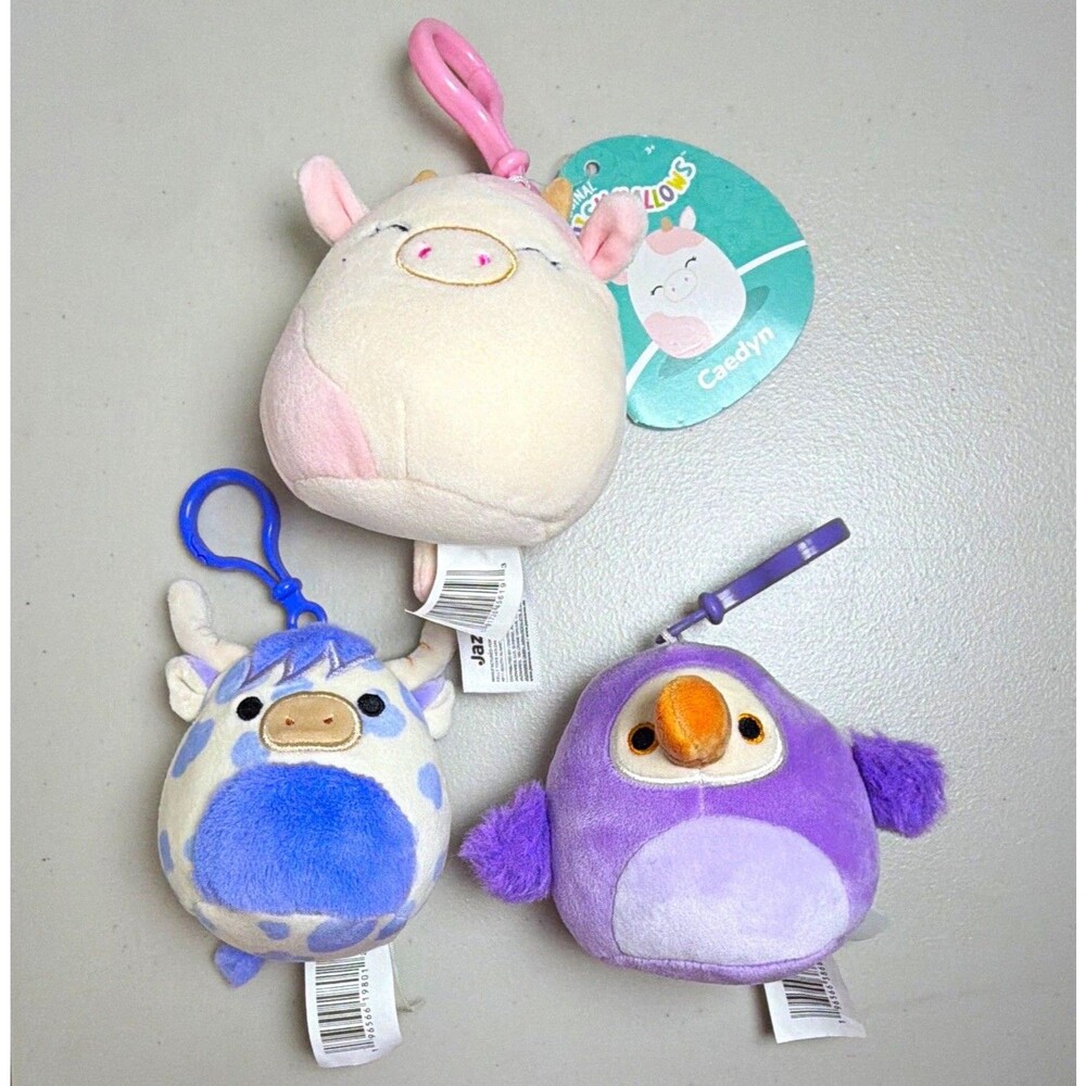 Squishmallows Plush Clip-On Keychains Lot of 3 cow, highland cow & purple bird